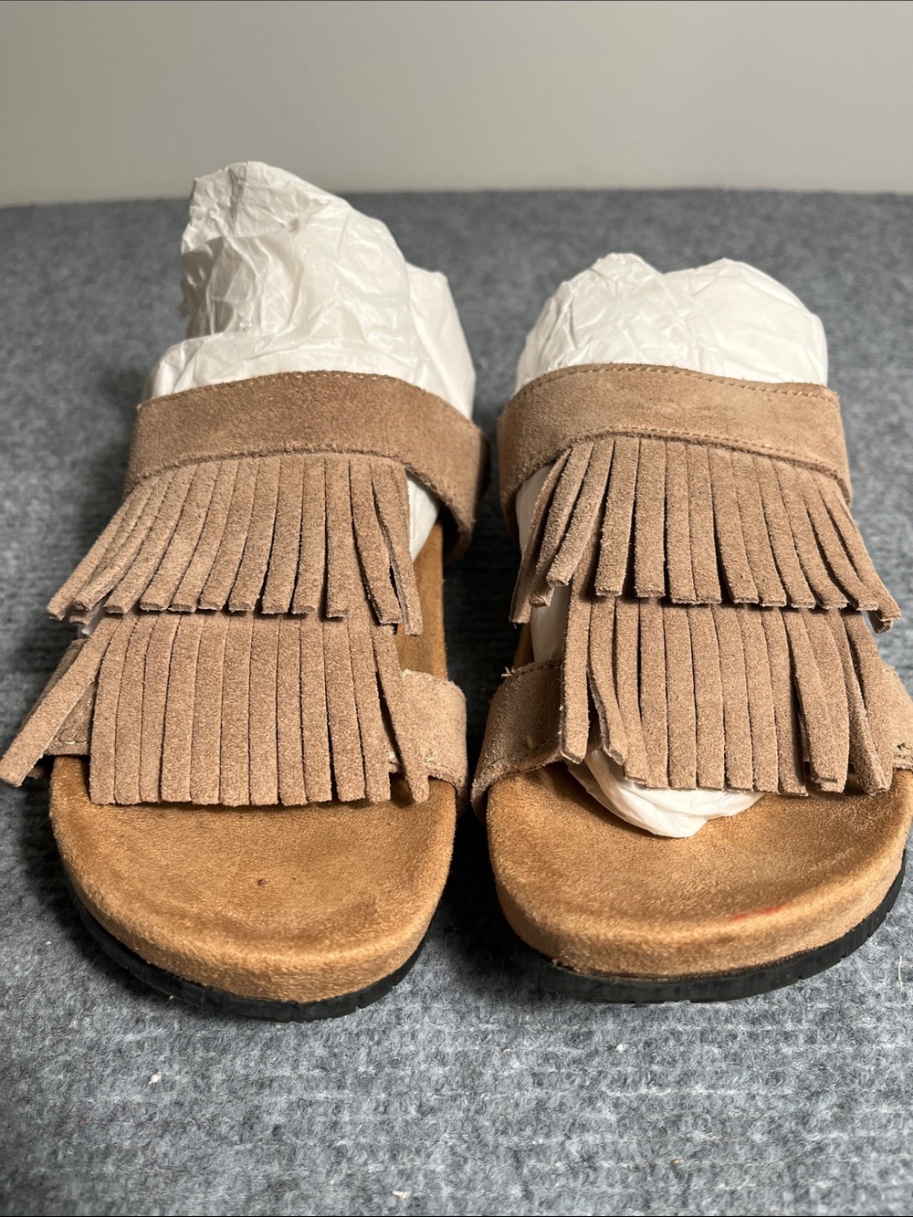 Minnetonka Tan Suede Fringe Slide Mules